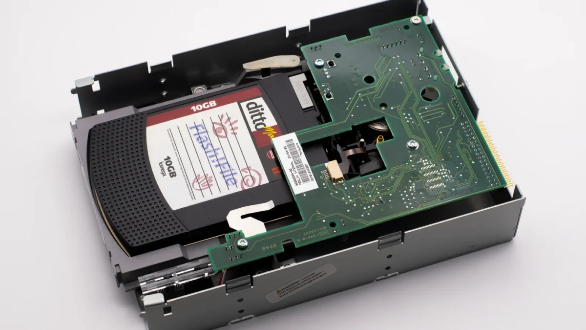 Detailed image of a vintage DittoMax internal tape drive, highlighting 10GB magnetic media storage technology.