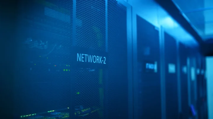 A modern server room featuring network equipment with blue illumination. Ideal for technology themes.
