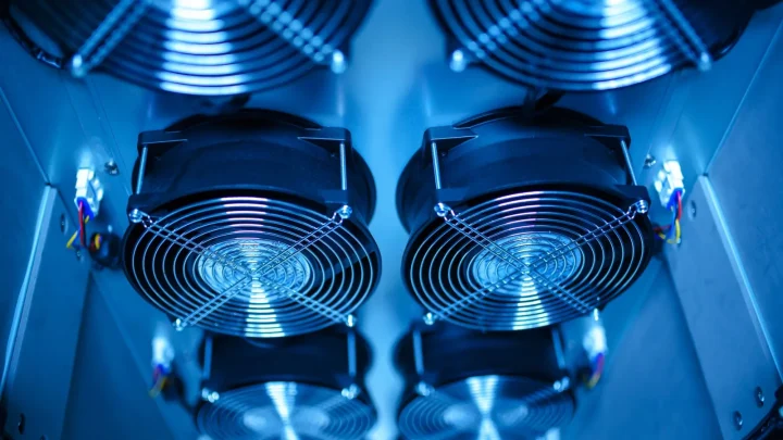 Close-up of cooling fans in a server room, showcasing technology and efficiency.