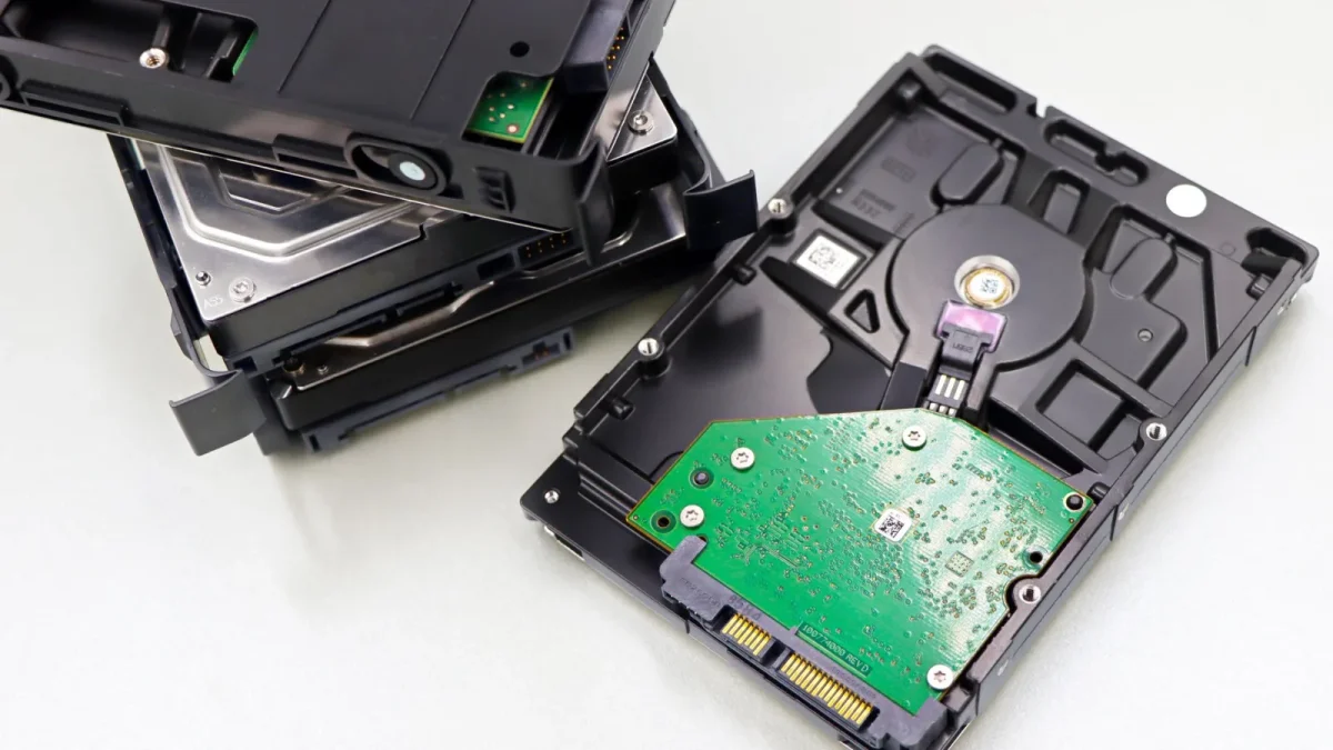 A collection of dismantled hard disk drives displayed on a white surface, showcasing internal components.