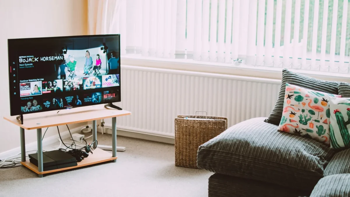 Chic and comfortable living room featuring a modern sofa, decorative pillows, and a TV streaming popular shows.
