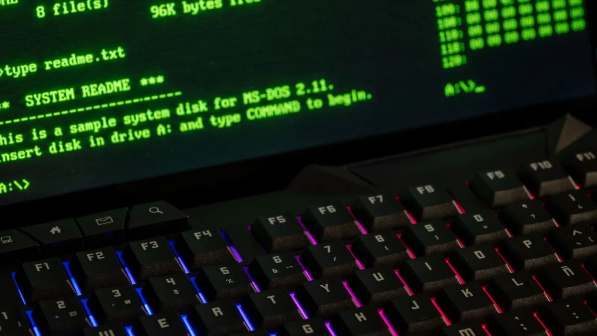 Close-up of a retro computer screen displaying MS-DOS commands with a vibrant keyboard.