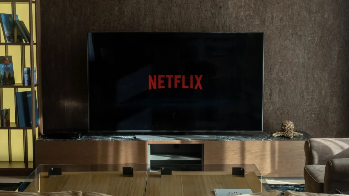 Cozy living room featuring a large TV displaying Netflix, perfect for entertainment.