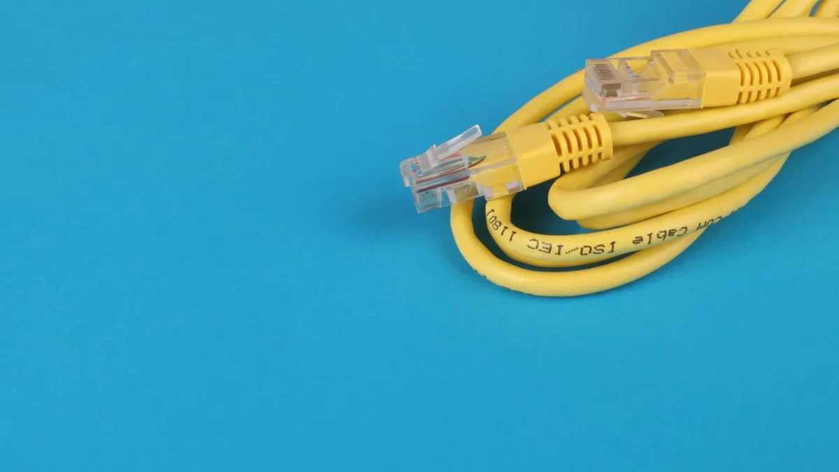 Close-up of a yellow Ethernet cable with connectors on a blue background.
