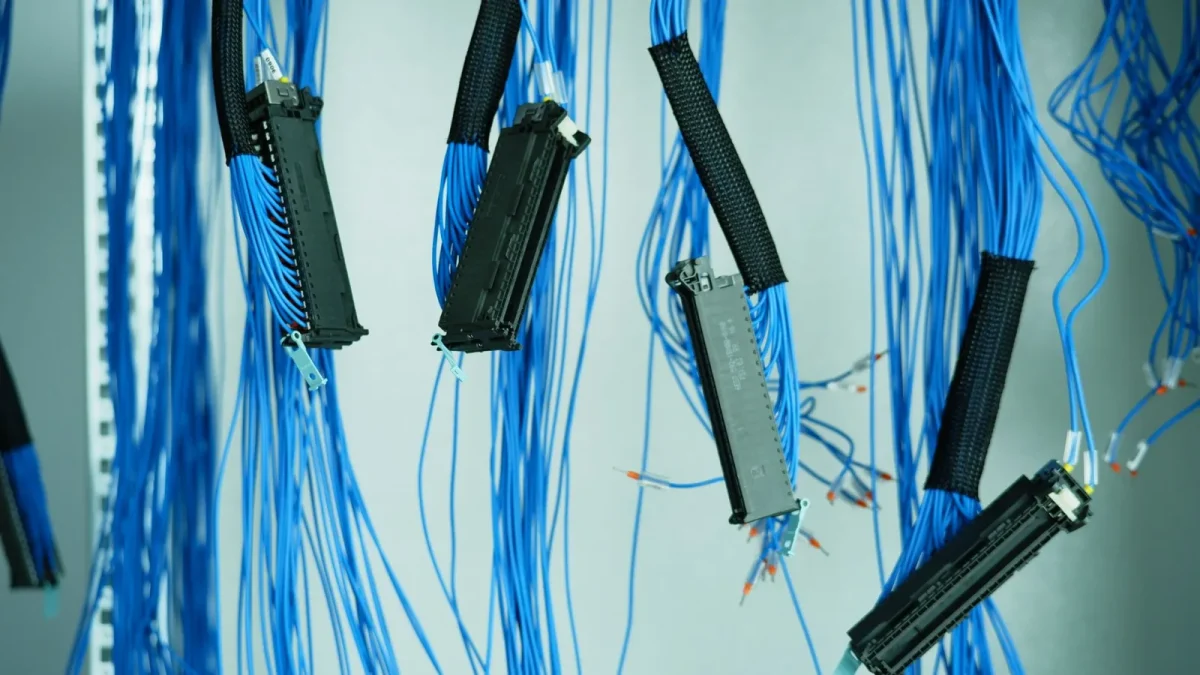 Close-up of blue ethernet cables hanging in a data center, highlighting technology connections.