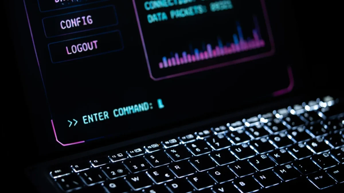 Close-up of a glowing laptop keypad with digital interface, representing futuristic technology.