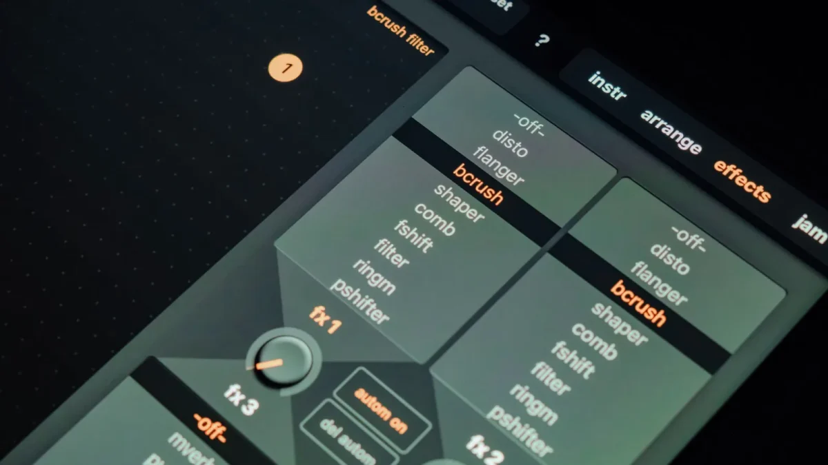 Close-up of digital music production interface showing various sound filter settings.