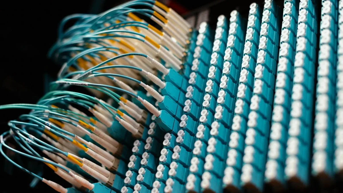 From below of long thin identical blue cables connected to small round electrical connectors