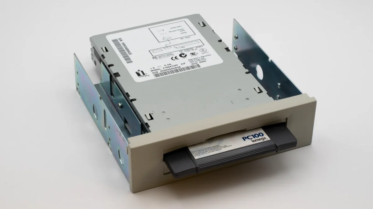 Close-up of an Iomega PC100 drive showcasing retro computer hardware design.