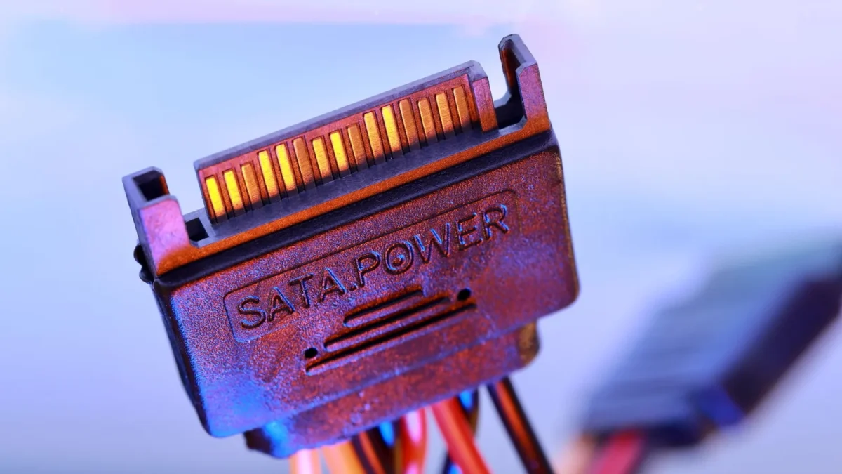 Detailed view of a SATA power cable connector with colorful wiring.