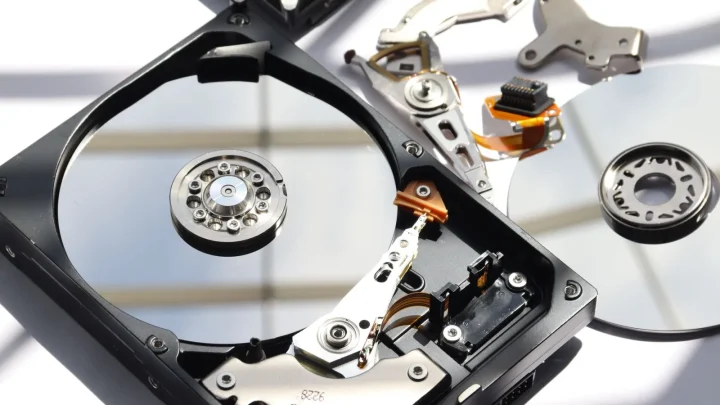 Detailed view of disassembled HDD showing intricate internal components.