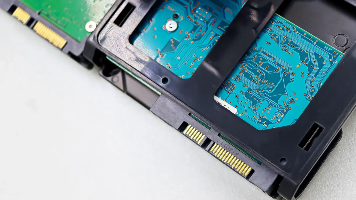 Detailed view of computer hard disk drive components, showcasing circuitry and connectors.