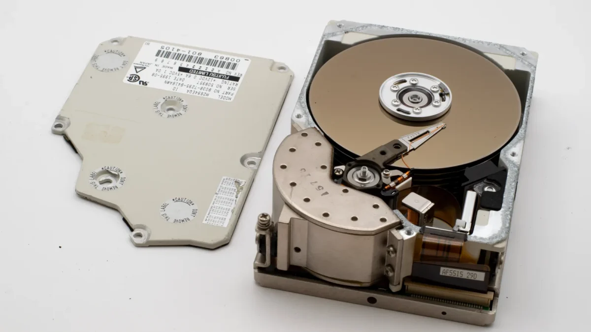 Close-up of an opened vintage hard disk drive with its cover removed, exposing internal components.