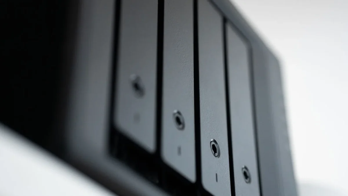 Detailed view of a black data storage unit highlighting modern technology and data management.