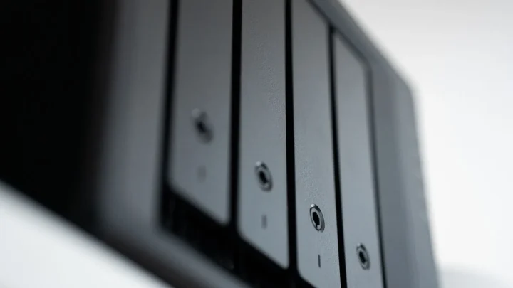 Detailed view of a black data storage unit highlighting modern technology and data management.