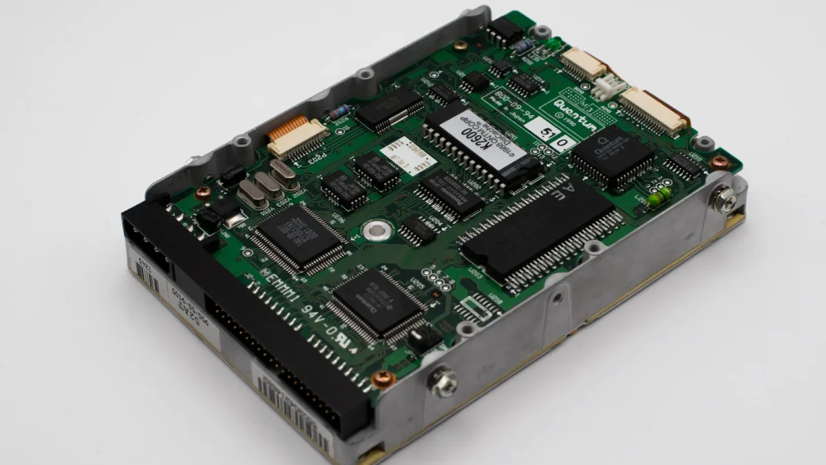 Close-up of a vintage hard drive circuit board showcasing intricate electronic components.