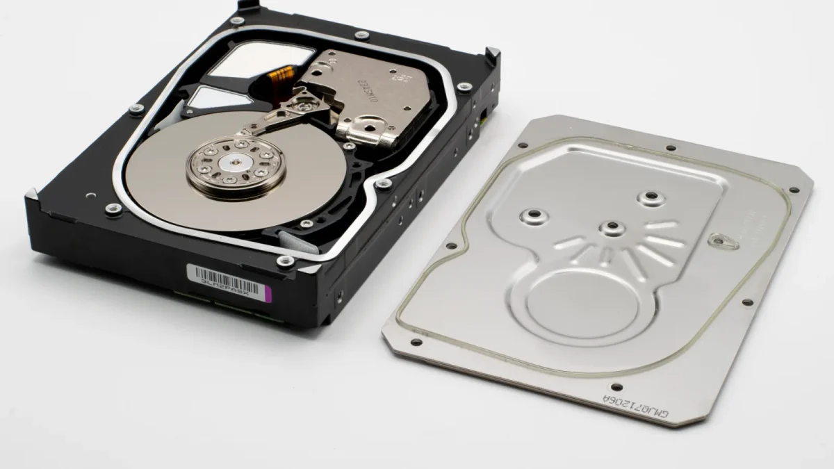 Detailed view of an open hard drive showing the internal discs and cover plate.