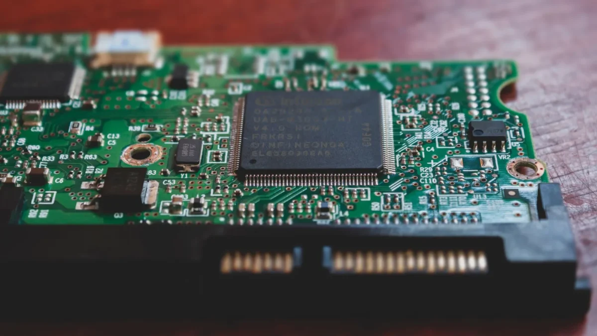 Detailed close-up of a green electronic circuit board, highlighting technology components. Shot in Mérida, Venezuela.