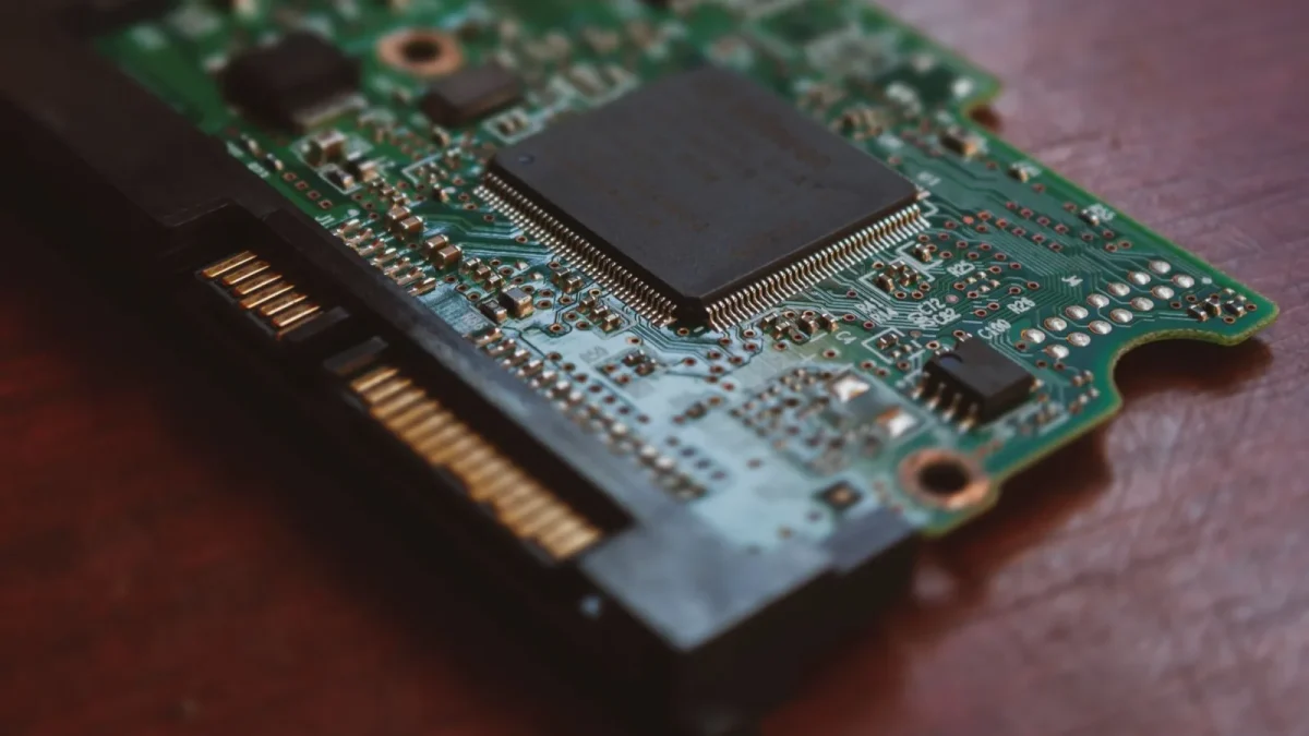 Detailed shot of a computer circuit board showing components and golden pins.