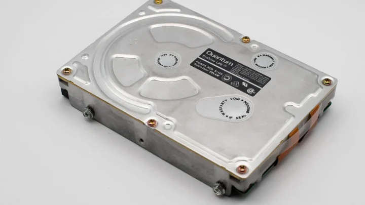 Retro Quantum ProDrive hard disk drive on a light background, showcasing vintage computer technology.
