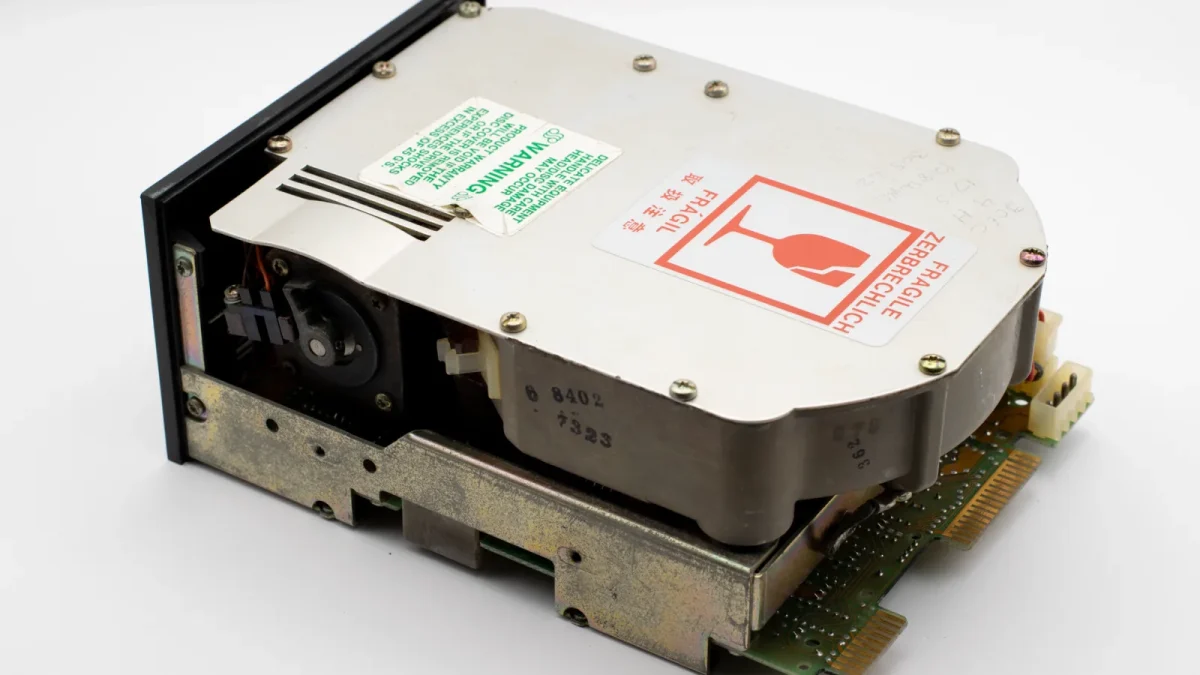 Old computer hard drive showcasing vintage computing technology.