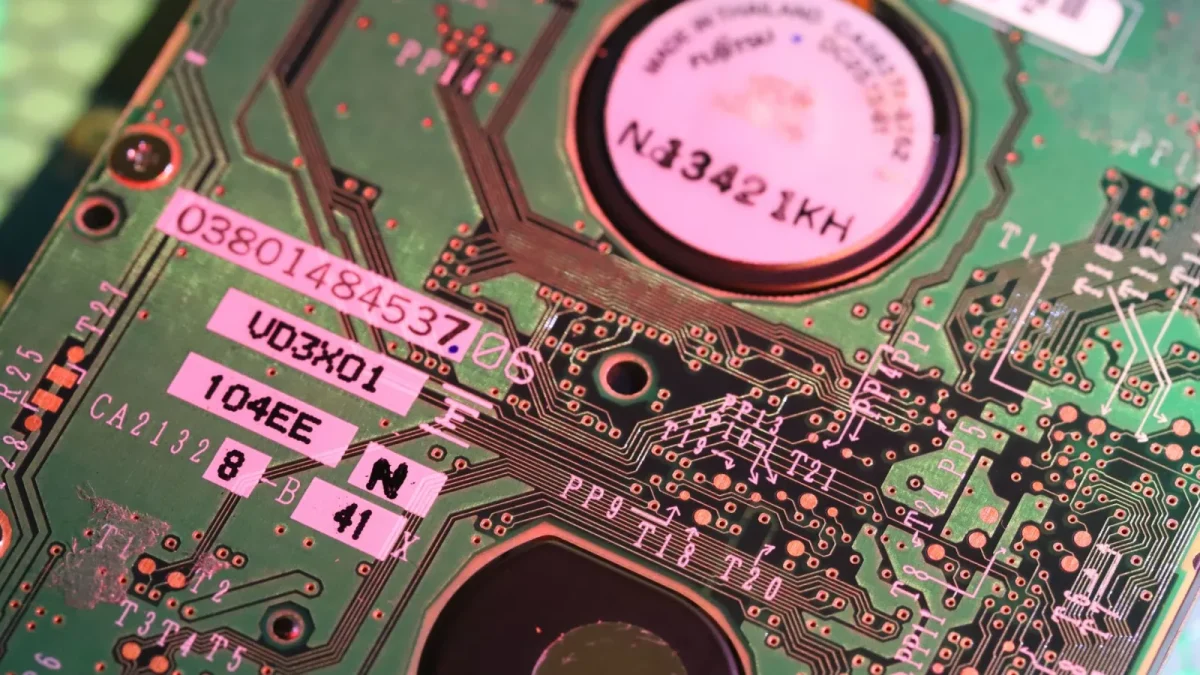 Detailed close-up of a computer circuit board highlighting components and electronic paths.