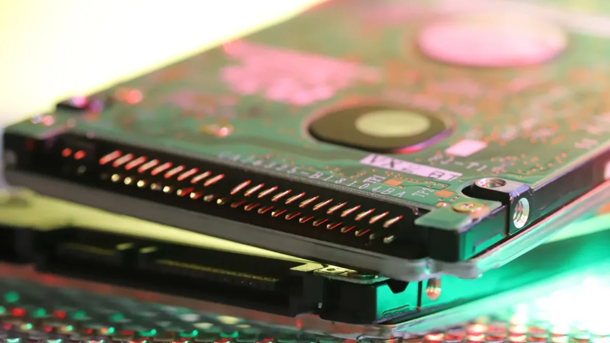 Detailed view of a computer hard disk circuit board with colorful reflections.