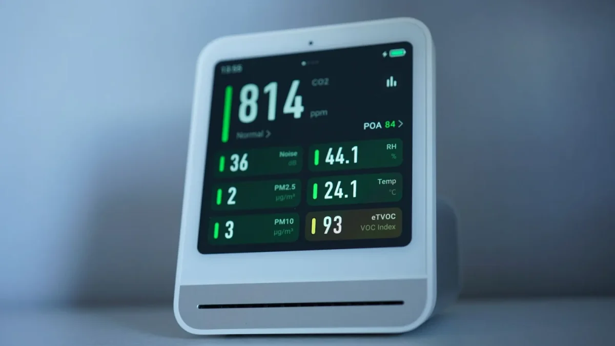 A sleek air quality monitor showing CO2 and other air metrics, ideal for smart homes.