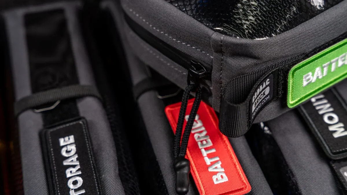 Close-up of labeled bags in a photography gear setup highlighting organization.