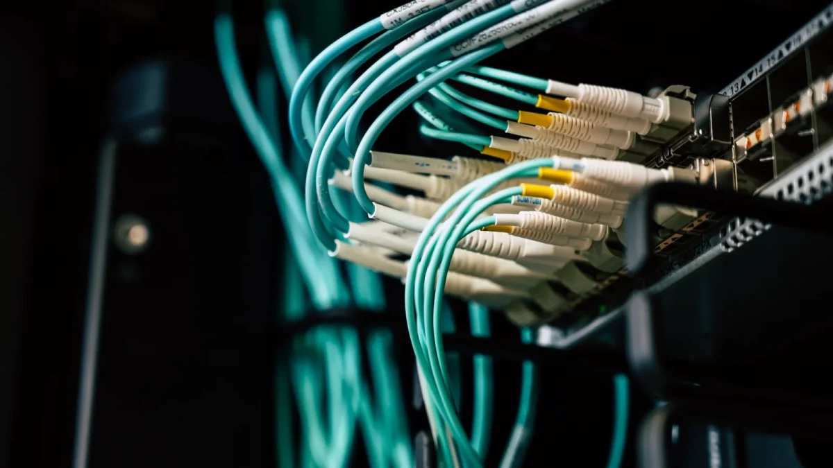 Detailed view of network cables plugged into a server rack in a data center.