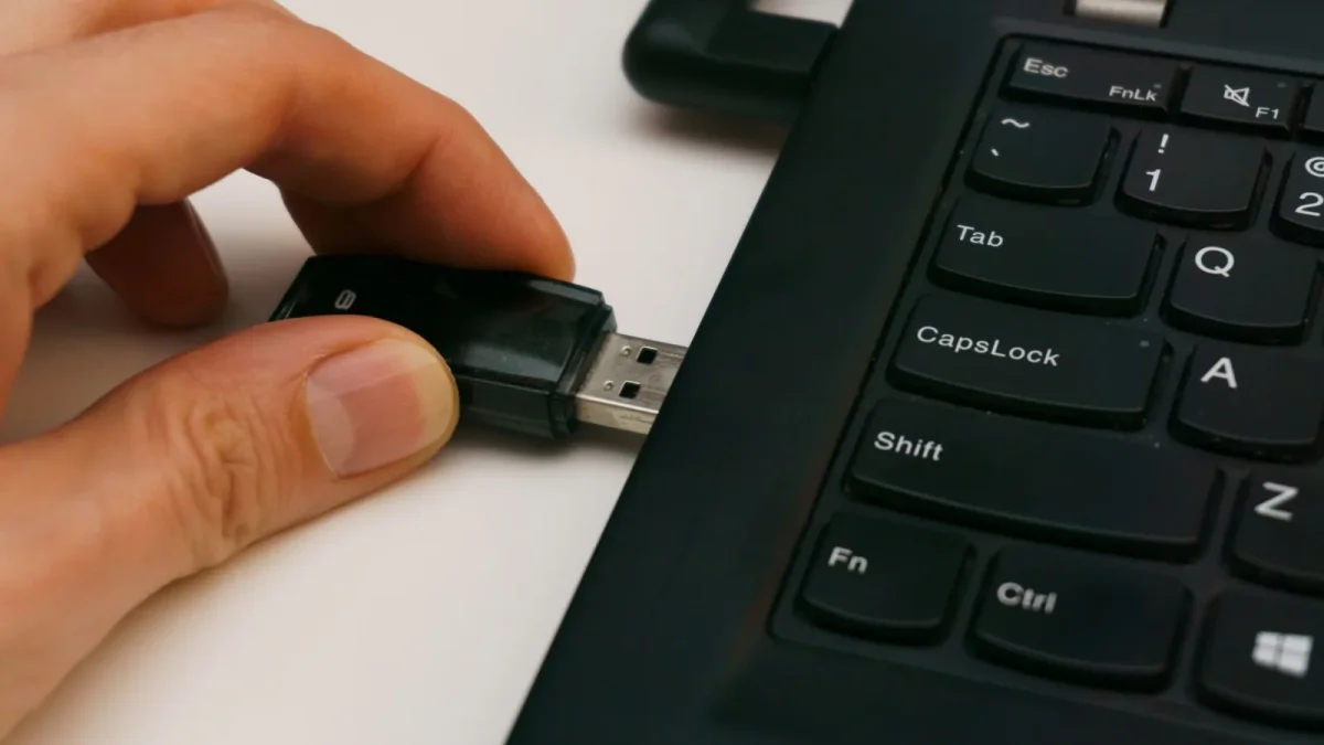Close-up of a USB pen drive being inserted into a laptop USB port on a white surface.