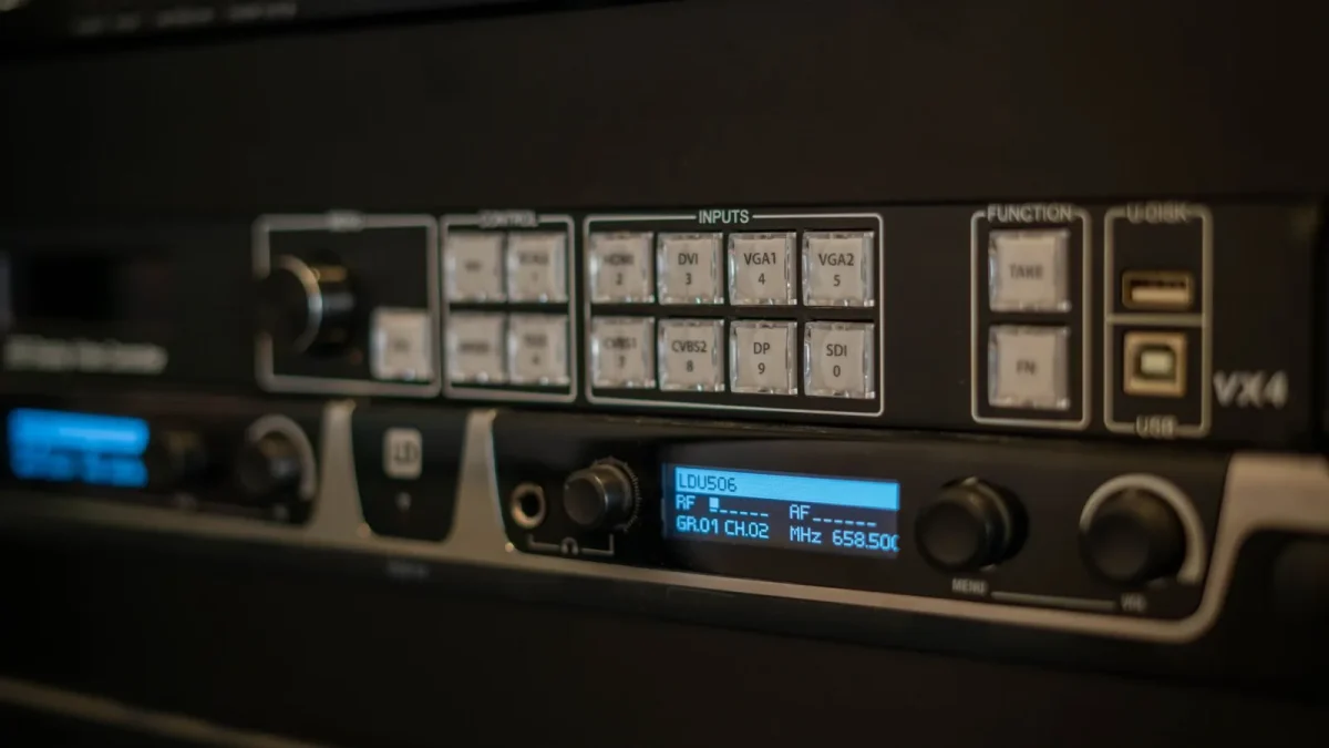 Detailed view of audio equipment showing inputs and digital controls in a studio setting.