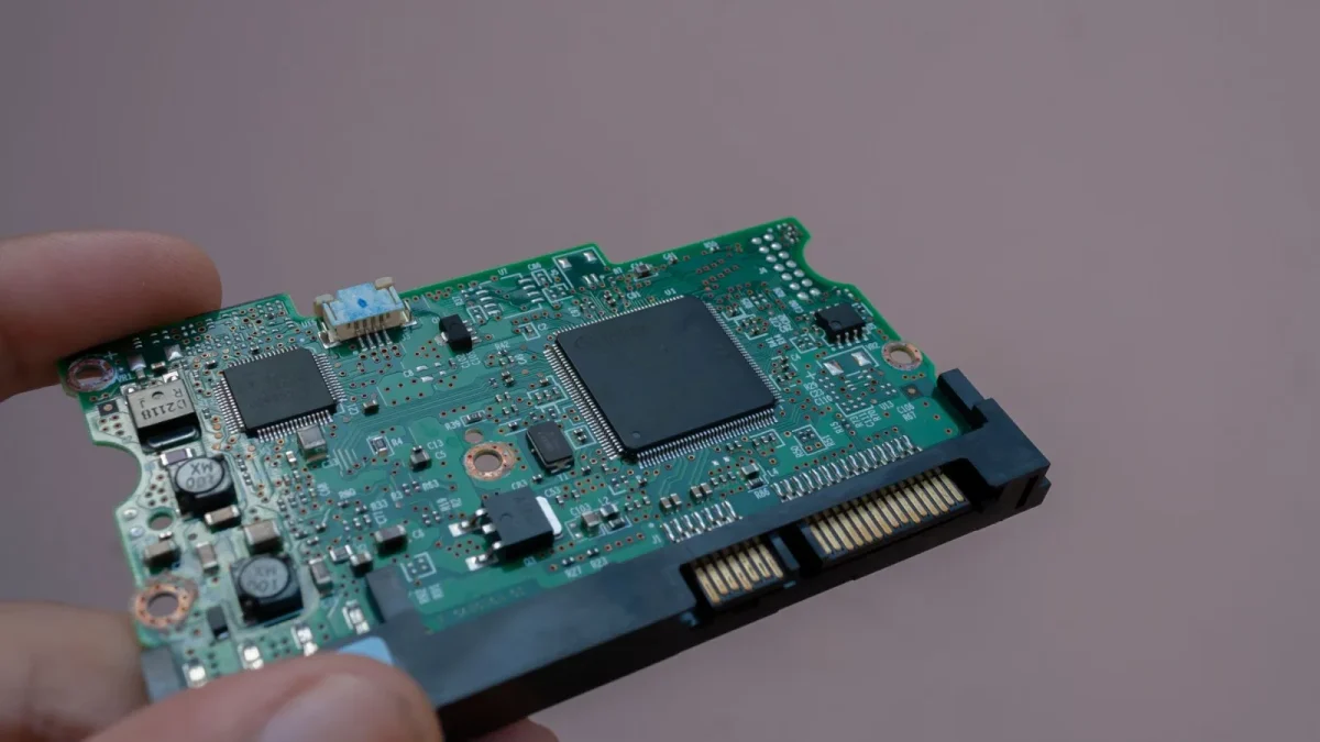 Detailed view of a hard drive circuit board showing components and connections in Mérida, Venezuela.