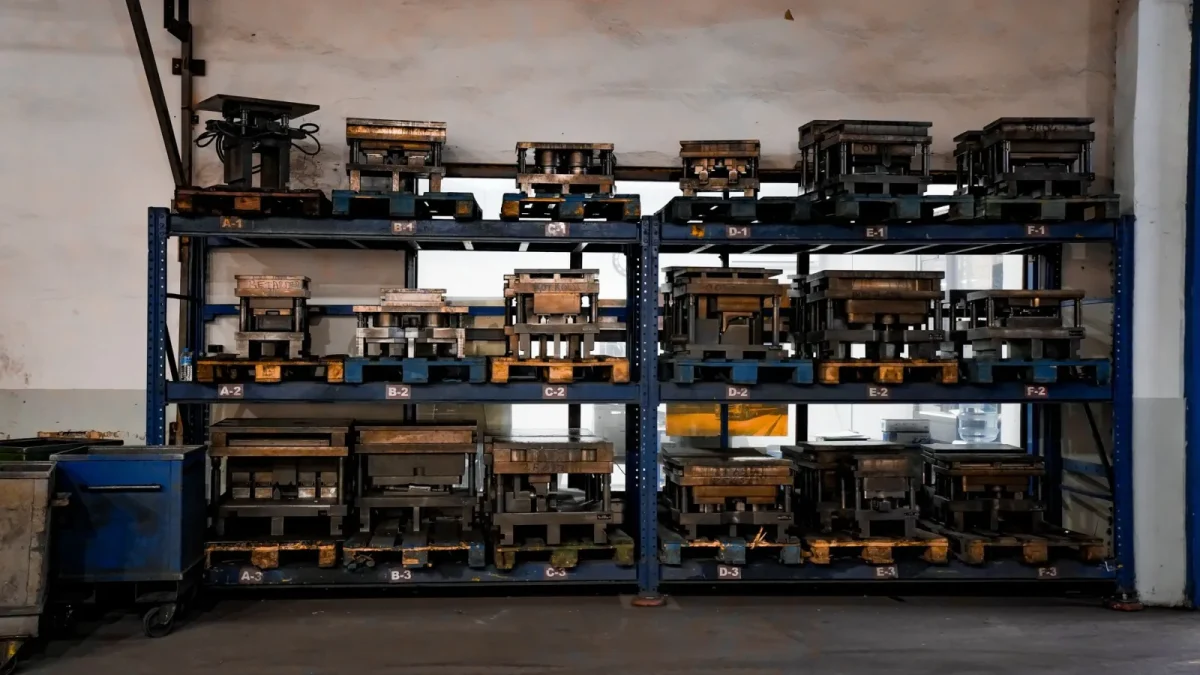 Metal molds neatly arranged on industrial shelving in a warehouse setting, showcasing order and efficiency.
