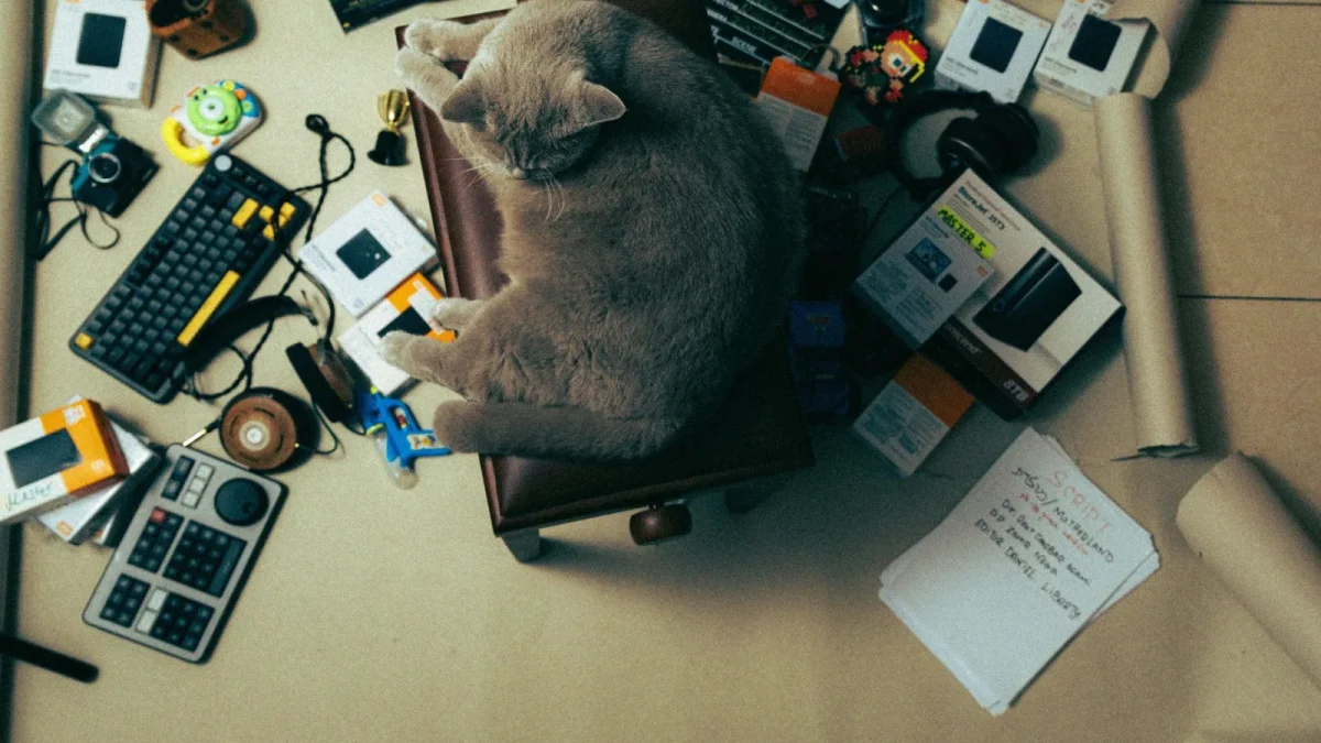 A cat relaxes in a cluttered workspace filled with electronic items and supplies, providing a unique cozy contrast.