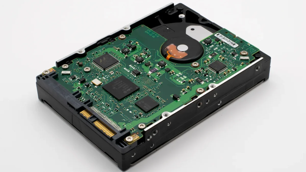 Detailed view of a hard drive circuit board showcasing electronic components and circuit design.