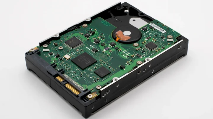 Detailed view of a hard drive circuit board showcasing electronic components and circuit design.