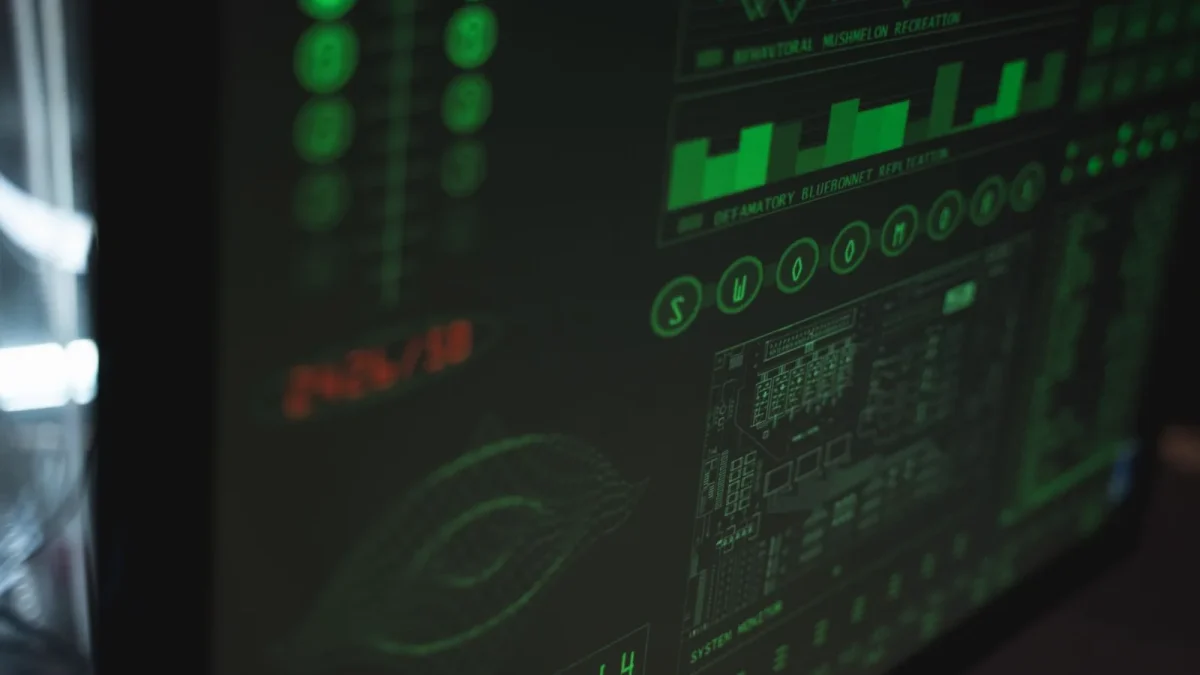Close-up view of a computer displaying cybersecurity and data protection interfaces in green tones.